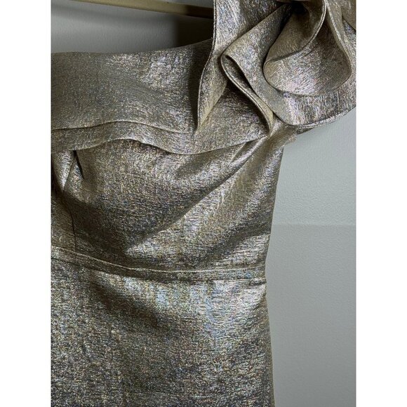 Mac Duggal 55380 Ruffle Neckline Gold Metallic Mini Dress in Oyster Size 8 NWT - Picture 6 of 6